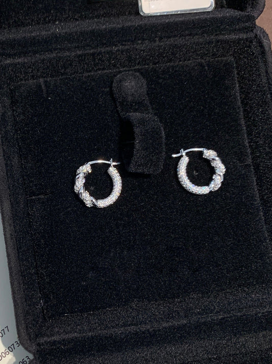 Sparkling Twisted Silver Hoop Earrings with Diamond Embellishments, SILVER