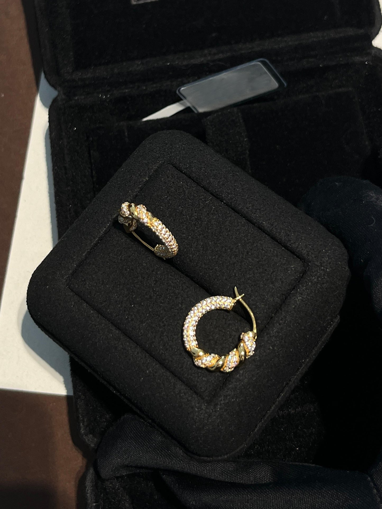 Sparkling Twisted Silver Hoop Earrings with Diamond Embellishments, GOLD