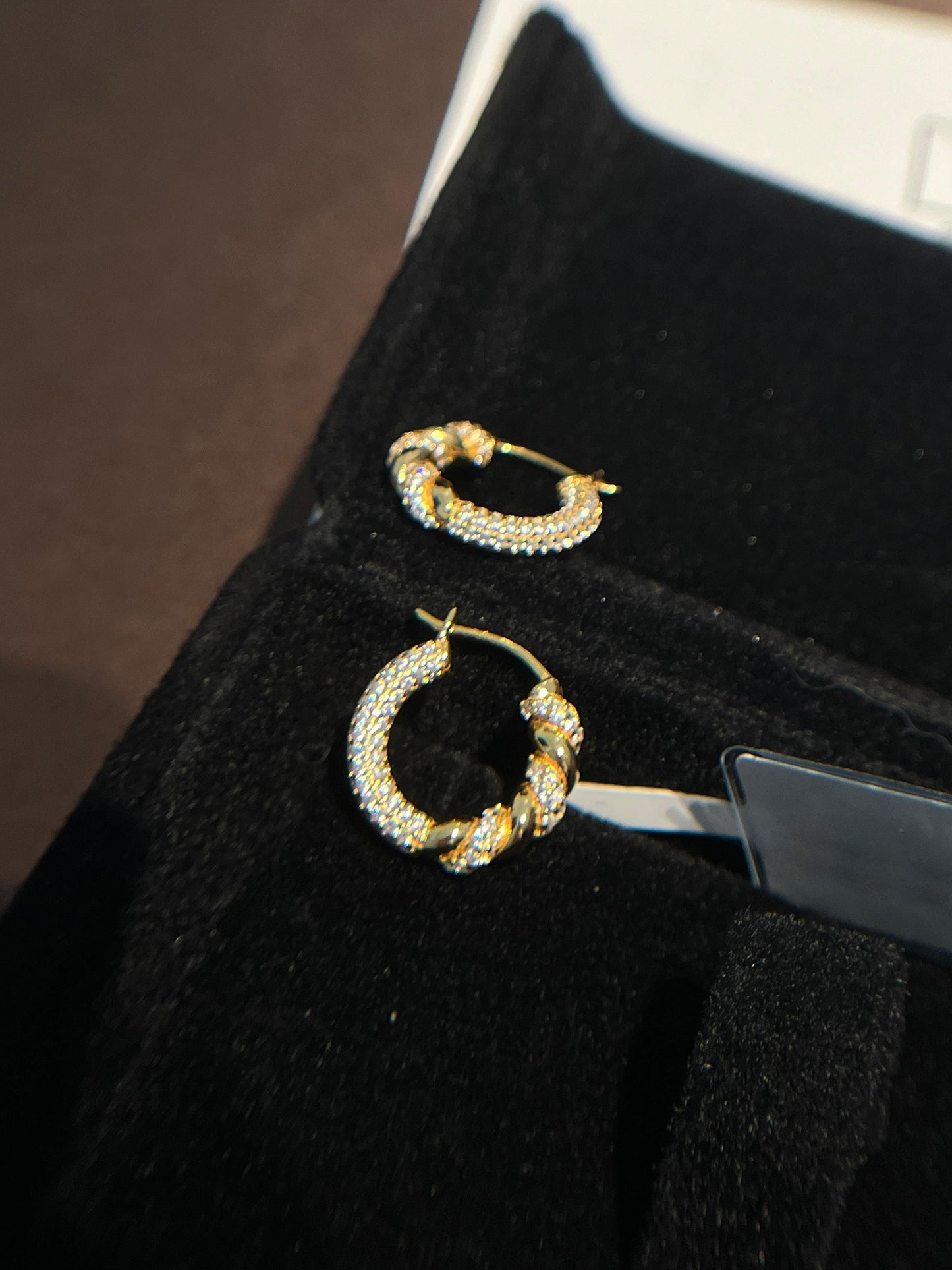Sparkling Twisted Silver Hoop Earrings with Diamond Embellishments, GOLD