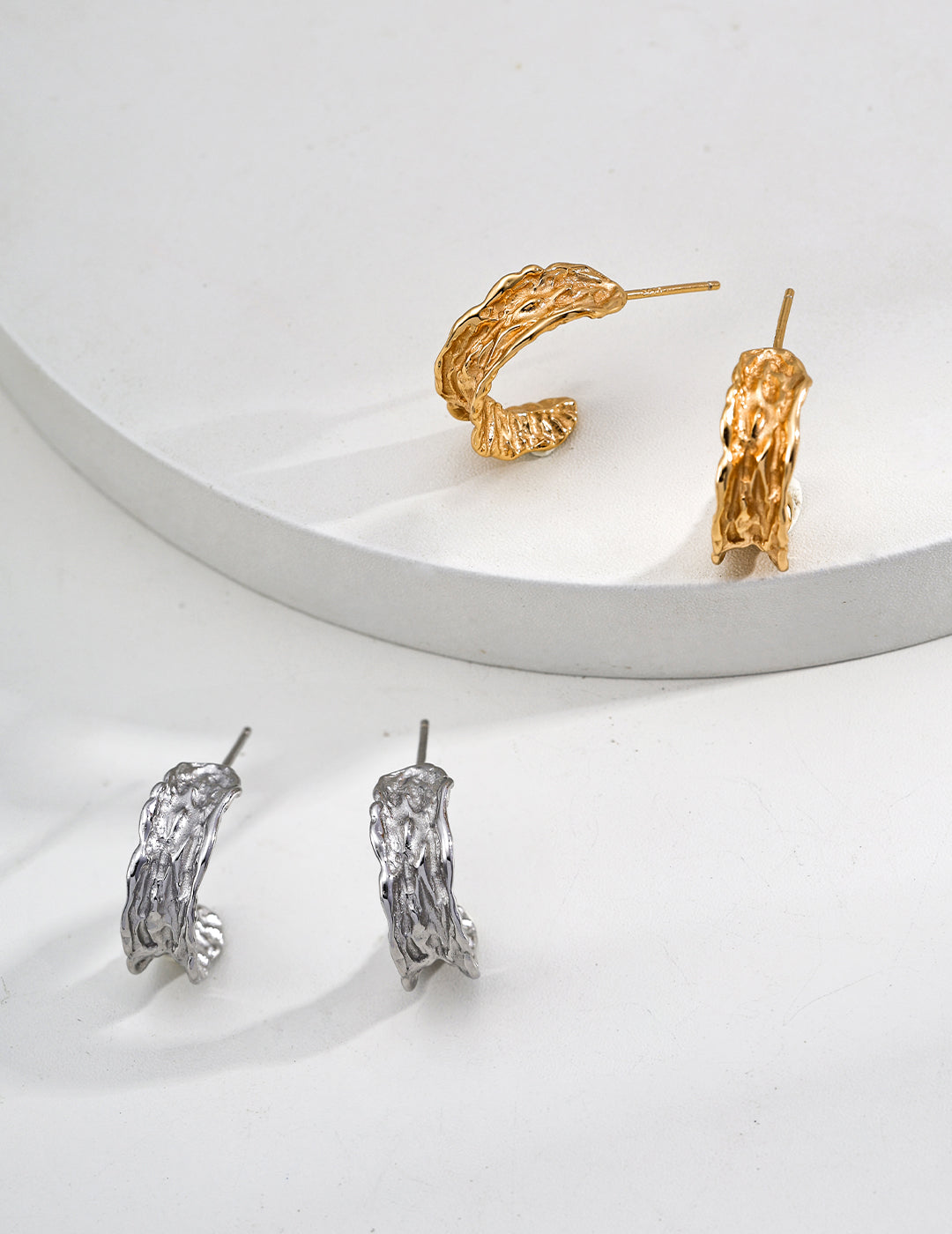 18K Gold - Plated Pure Silver Tree Bark Hoop Earrings, Gold& Silver