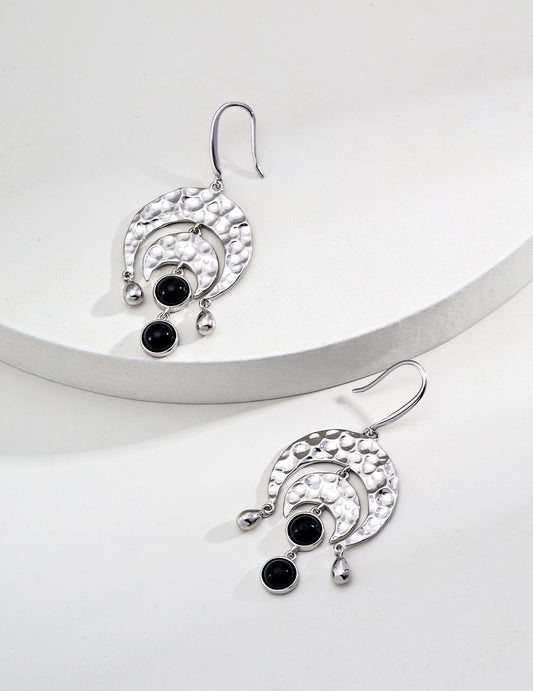 Black Onyx Moon-shaped Sterling Silver Fashion Earrings, pure silver