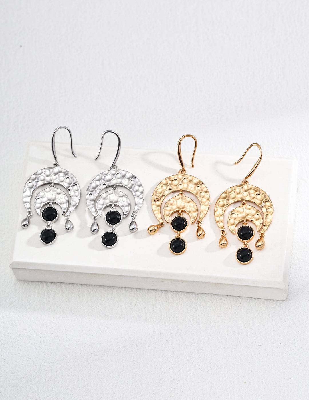 Black Onyx Moon-shaped Sterling Silver Fashion Earrings, Gold and silver