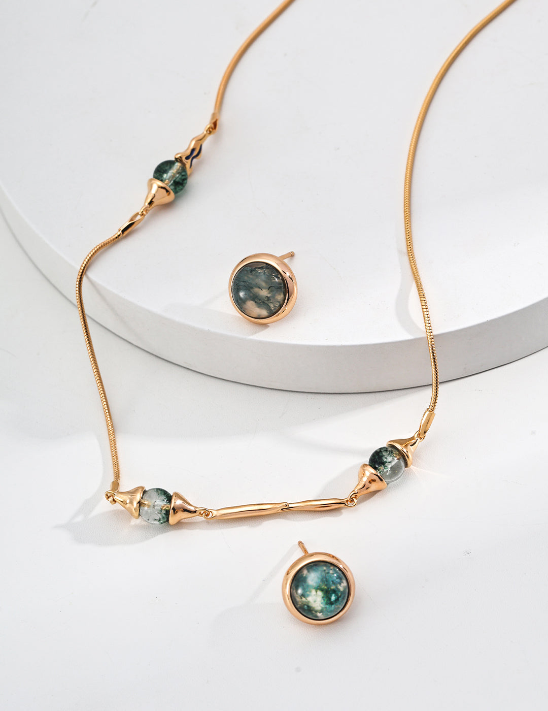 Green Moss Agate Gold Necklace Set, necklace earring set