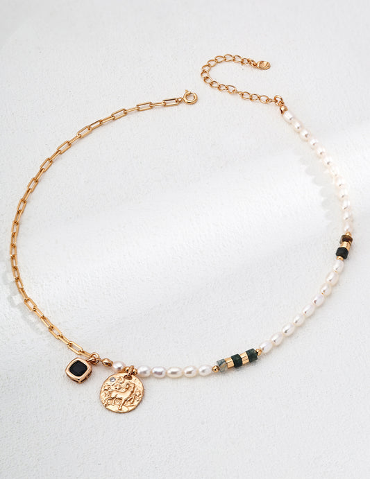 Ethereal Capricorn Onyx, Green Moss Agate& Pearls Necklace,front