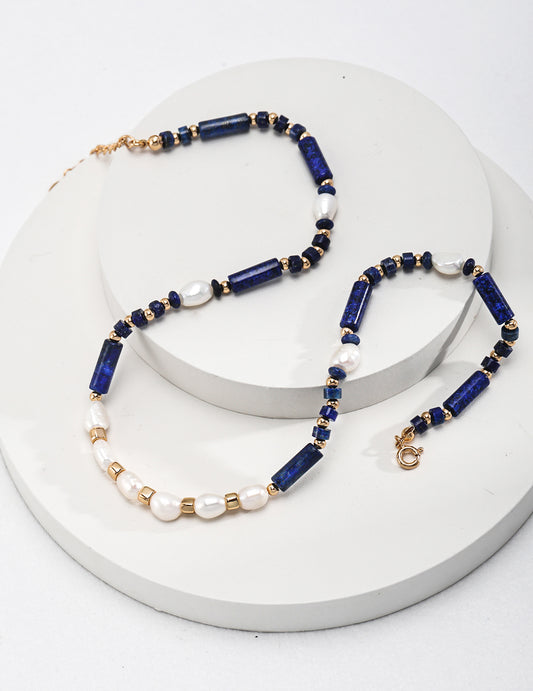 Stellar Symphony Blue Lapis & Pearl Sterling Silver Necklace,detail
