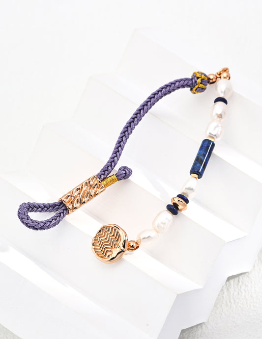 Lapis Lazuli & Natural Pearl Hand Woven Bracelet,detail