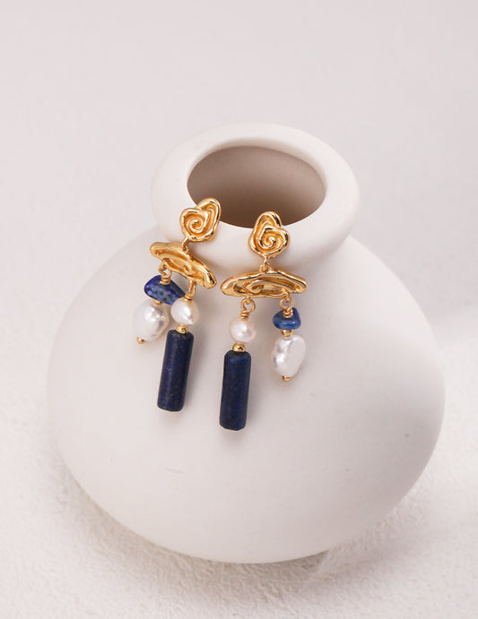 Retro Lapis Lazuli Pure Silver Dangle Earrings