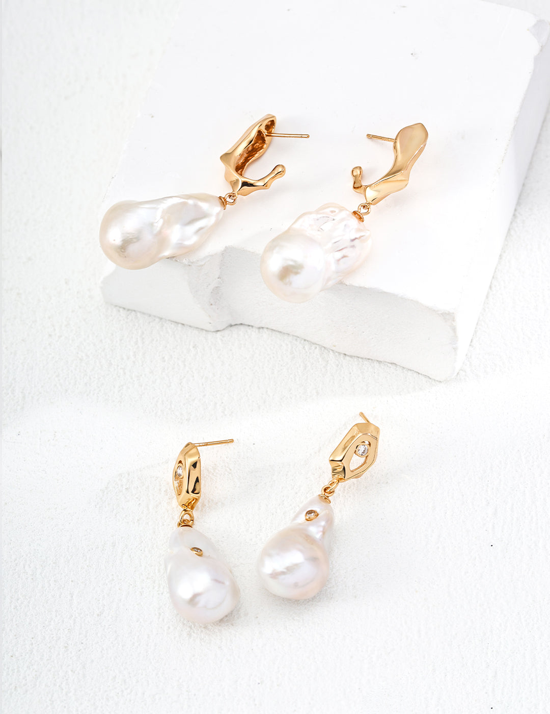 Elegant Irregular Baroque Pearl Dangle Earrings in Gold Settings and Shiny Zircon Accents