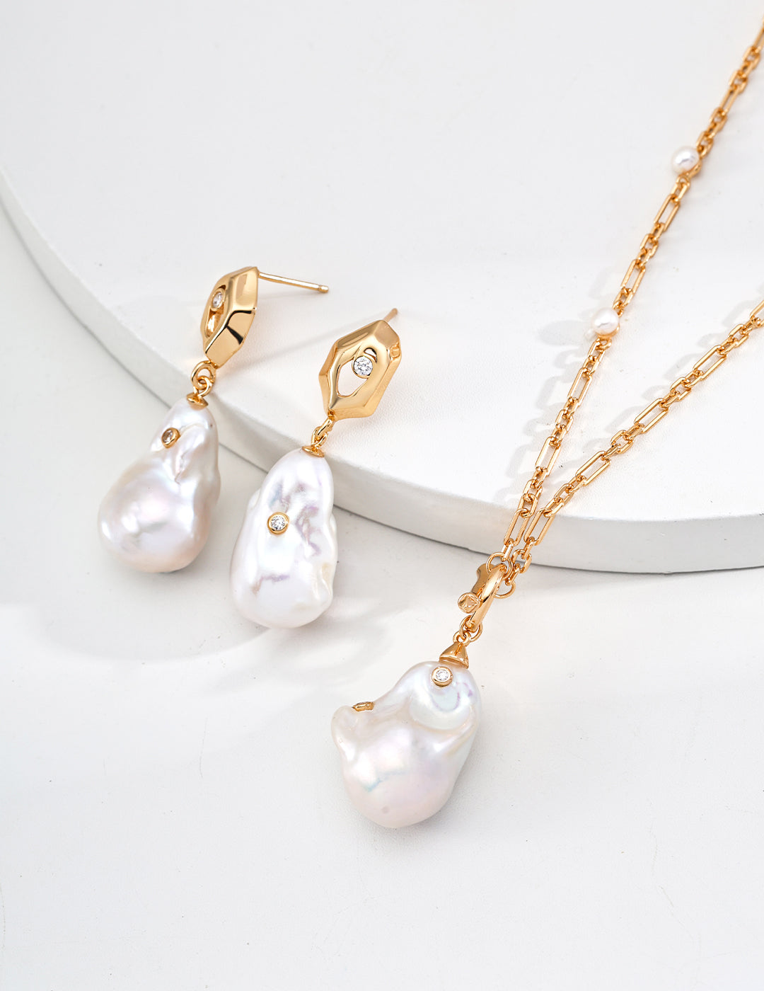 Elegant Irregular Baroque Pearl Dangle Earrings in Gold Settings and Shiny Zircon Accents, set