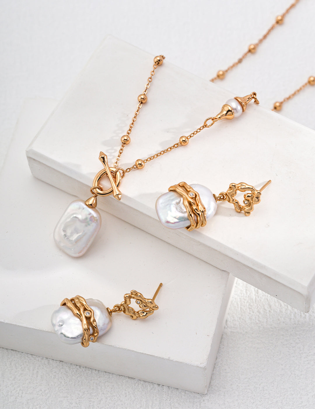 Square Pearl Pendant Silver Necklace, set