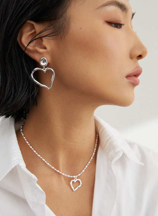 Sterling Silver Heart Earring& Necklace Jewelry Set