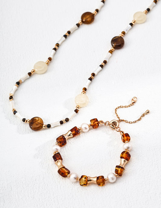 Piebald Amber& Pearl Jewelry Set, necklace& Bracelet