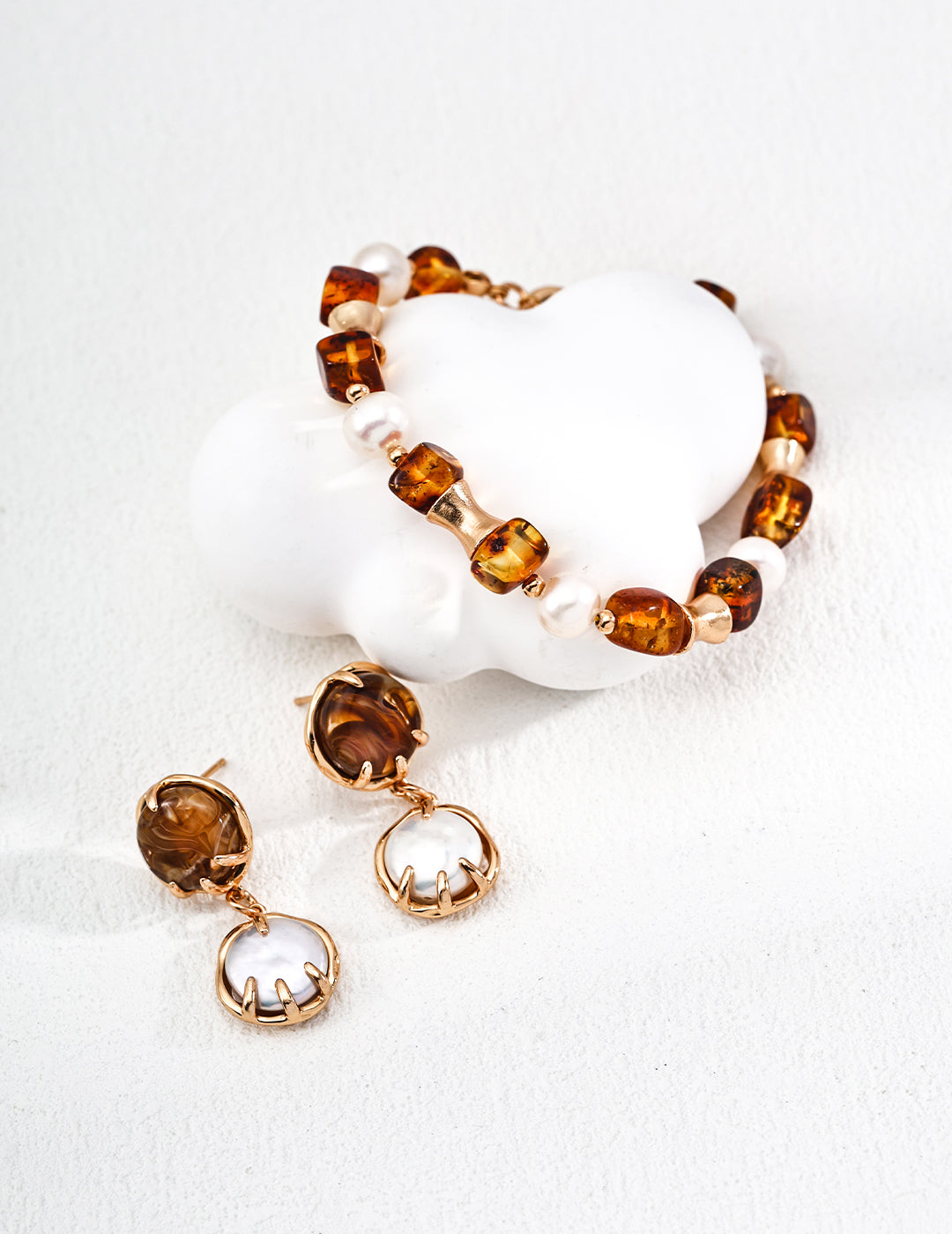 Piebald Amber& Pearl Jewelry Set, Earring& Bracelet