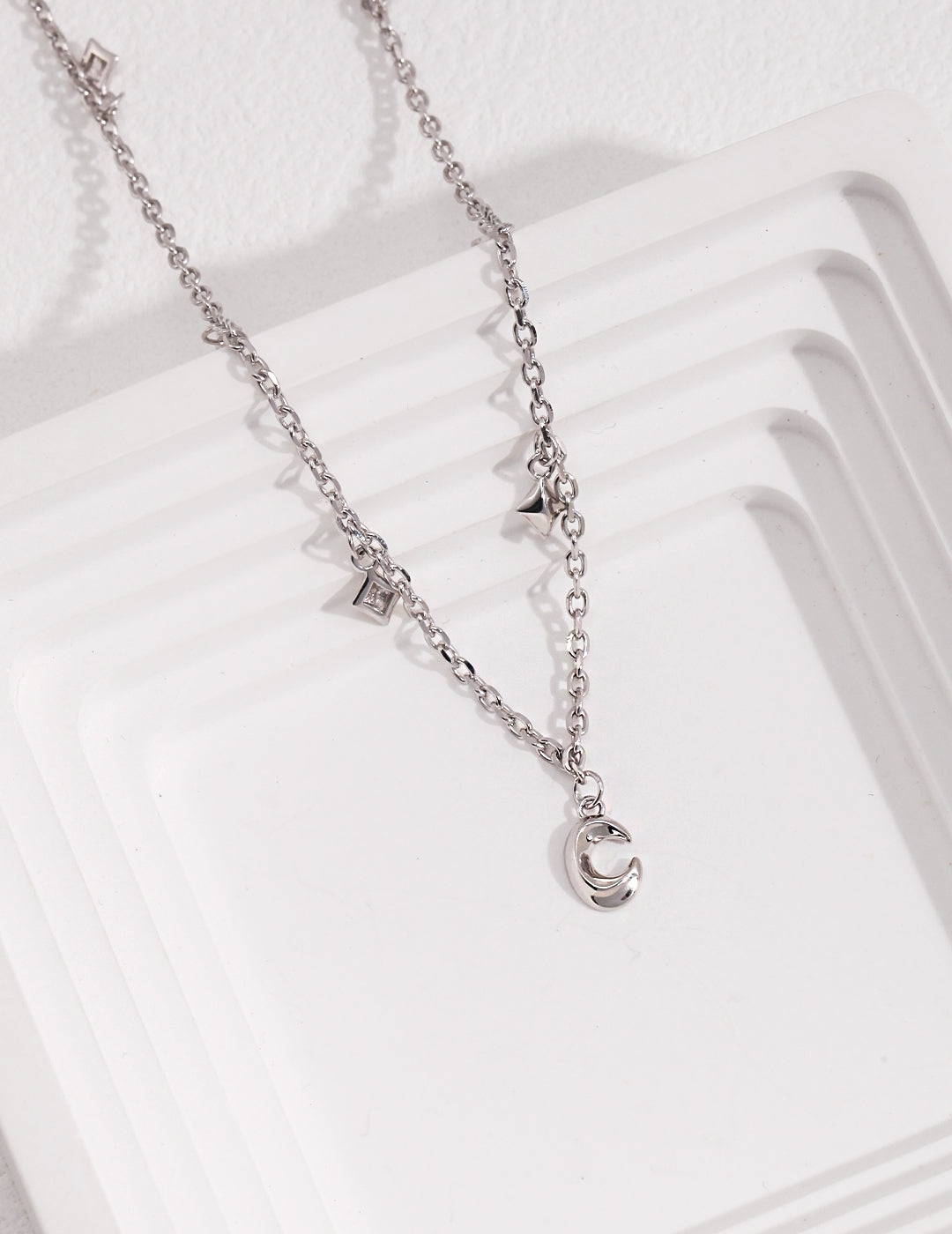Stardust Whisper Dainty Moon Charm Necklace, silver