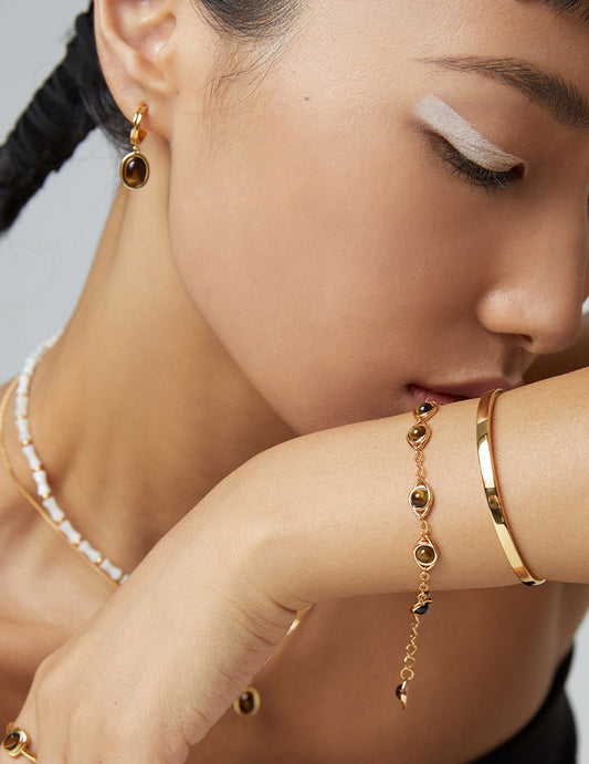 Tiger's Eye Stone Sterling Silver Hoop Earrings