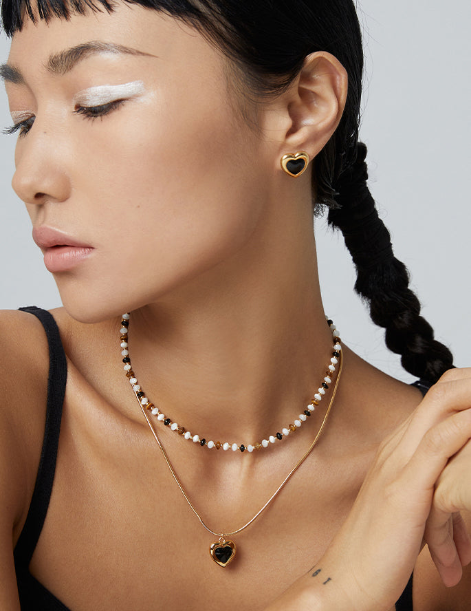 Chic Black Heart Gold-Plated Sterling Silver Jewelry Set