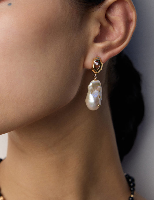Elegant Irregular Baroque Pearl Dangle Earrings in Gold Settings and Shiny Zircon Accents