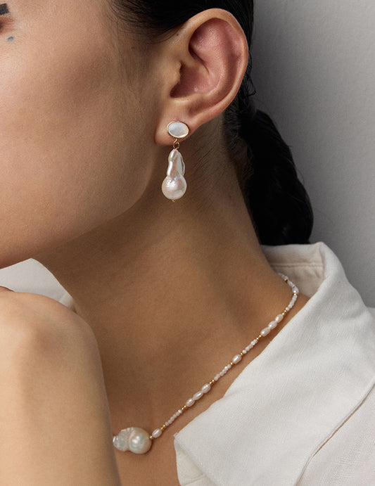 Oval Seashell - style & Baroque Pearl Drop Earrings
