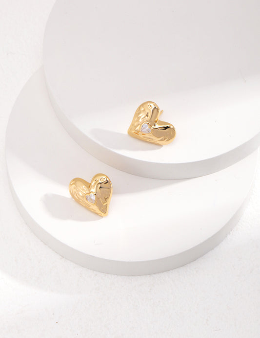 Sterling Silver Heart Stud Earrings With Diamond 