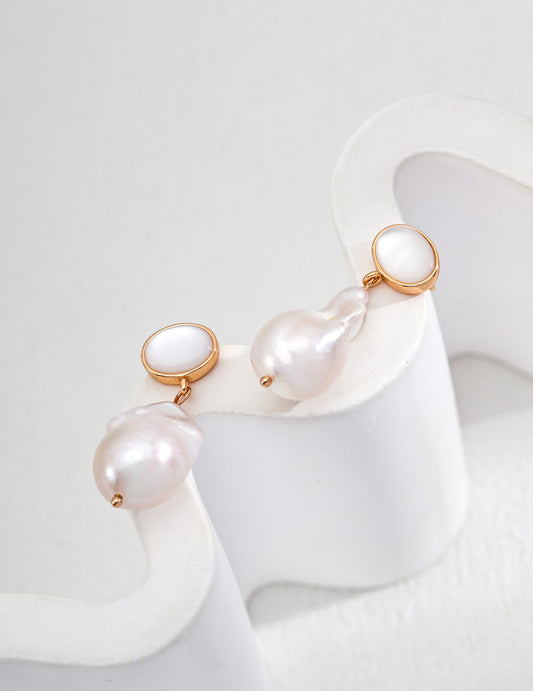 Oval Seashell - style & Baroque Pearl Drop Earrings