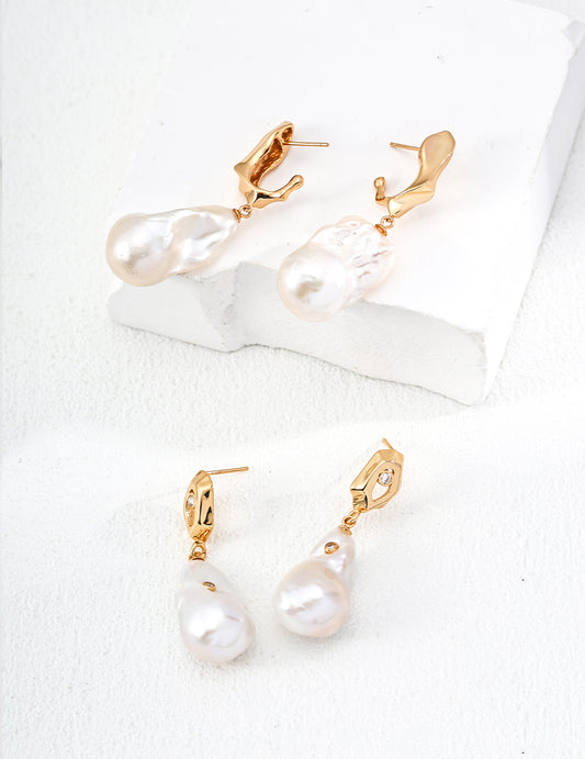 Elegant Irregular Baroque Pearl Dangle Earrings in Gold Settings and Shiny Zircon Accents