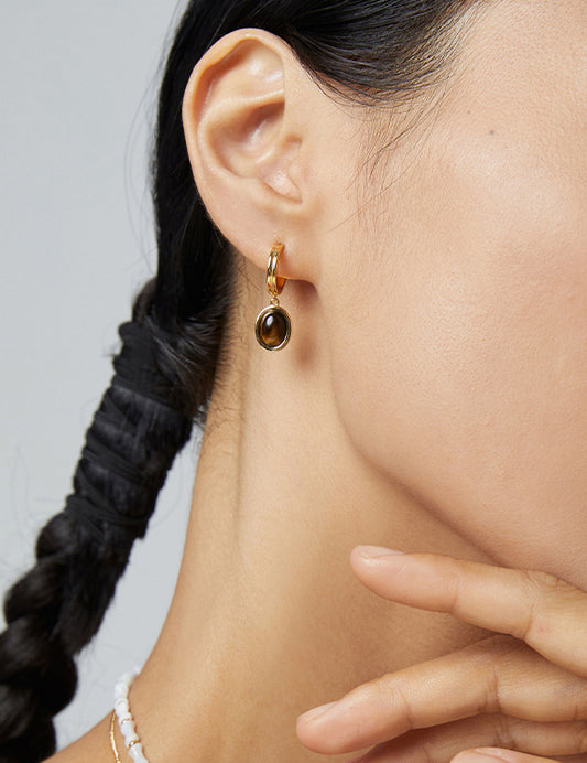 Tiger's Eye Stone Sterling Silver Hoop Earrings