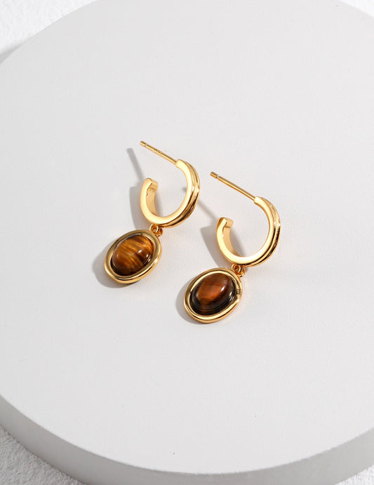 Tiger's Eye Stone Sterling Silver Hoop Earrings